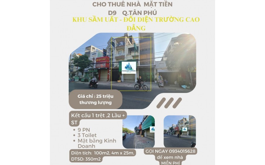 CỰC HIẾM - Cho thuê nhà Mặt Tiền D9 100m2, 2 Lầu+ST, 25Triệu